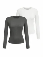 Women's solid-color long-sleeved T-shirt - Polyester knitted fabric, round neck, regular fit, fall-winter style - Image 6
