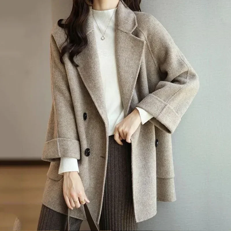 Medium-length Wool Women Coat Autumn and Winter Thickened Warm Coat Loose Thin Tweed Trench Big Yards Coat Jacket Female