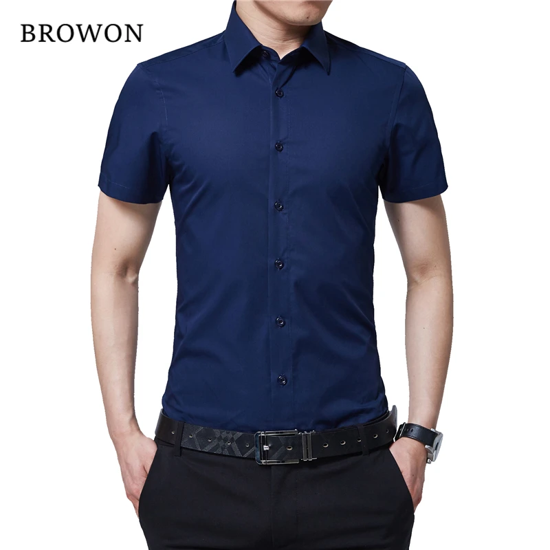 BROWON Formal Shirt Men Short Sleeve Turn Down Color Slim Fit Plus Size M-5XL