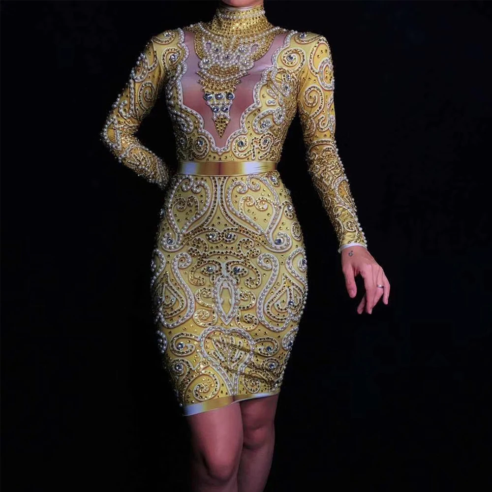 

Gold Long Sleeve Pearls Rhinestones Sexy Women Dress Evening Party Birthday Clothing Stage Entertainers Singer Costumes