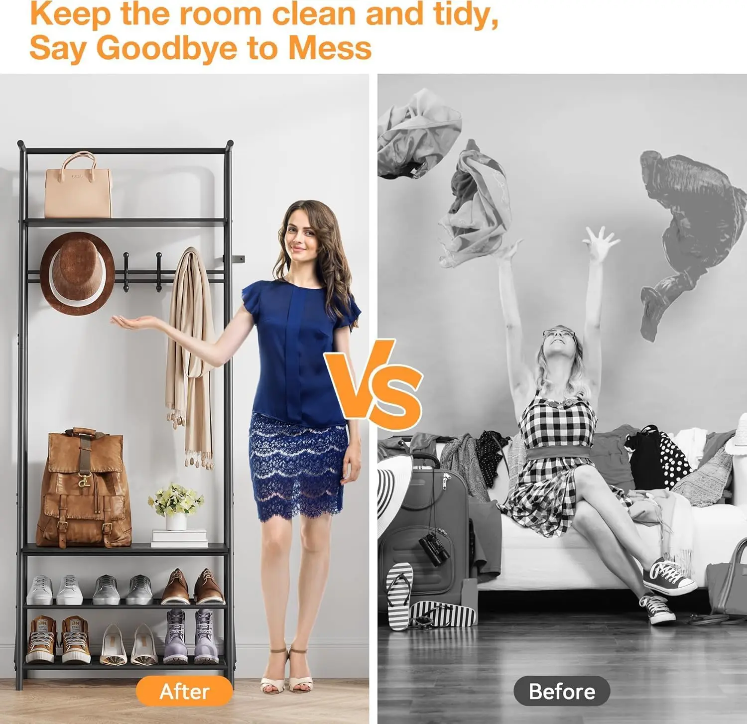 Coat Rack Shoe Bench with 5 Hooks, Hall Trees Entryway Bench with Storage, Wood Look Accent Furniture with Metal Frame