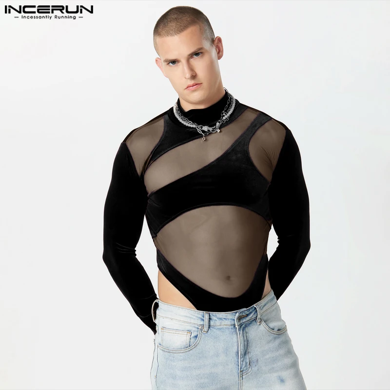 

INCERUN Men Bodysuits Velour Mesh Patchwork Turtleneck Long Sleeve Rompers Men Streetwear T Shirts 2023 See Through Bodysuit