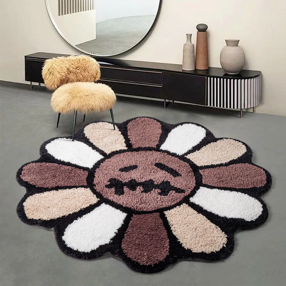 

Ins Smiling Face Tufted Rugs for Bedroom Living Room Decor Soft Plush Flower Shape Carpet Bedside Area Rug Bath Mat Dropshipping