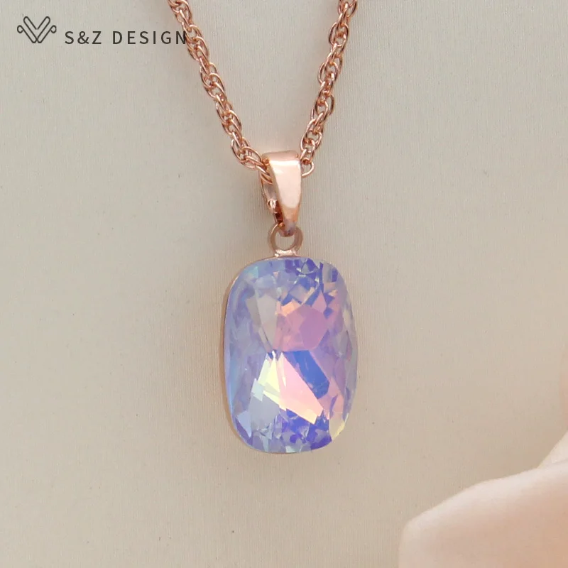 S&Z DESIGN New Fashion Rectangle Colorful Crystal Pendant Necklace For Women Wedding Elegant 585 Rose Gold Color Jewelry Gift