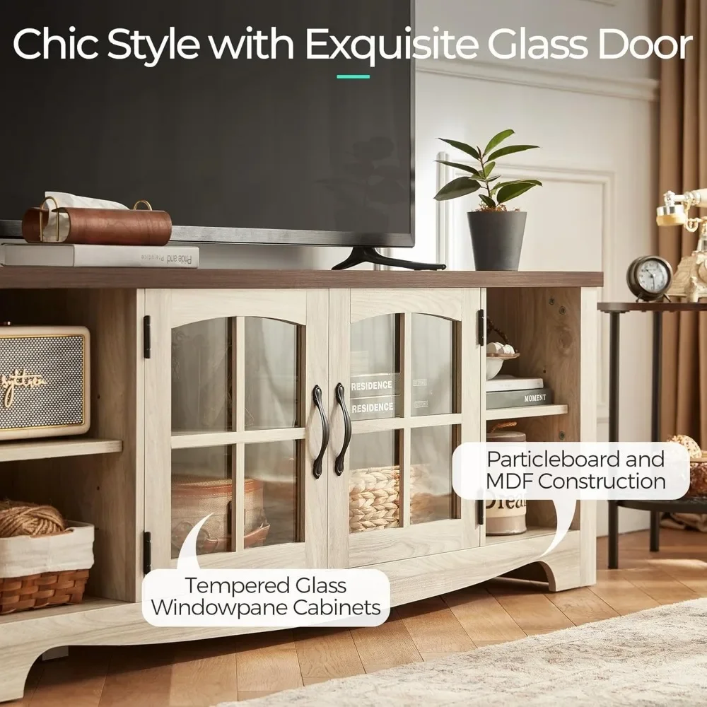 New2025-Farmhouse TV Stand for 65 Inch TV, Wood Entertainment Center with Glass Door Storage Cabinet & Adjustable Shelves, Large