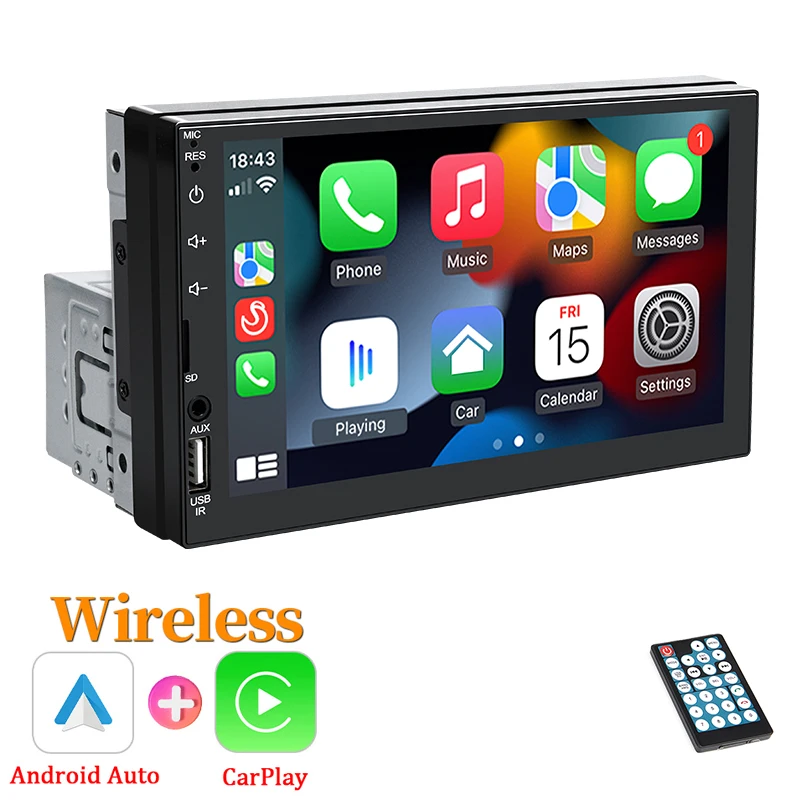 Hippcron 7 "1din rádio do carro sem fio carplay android auto bluetooth aux usb universal multimídia mp5 player espelho link autoradio
