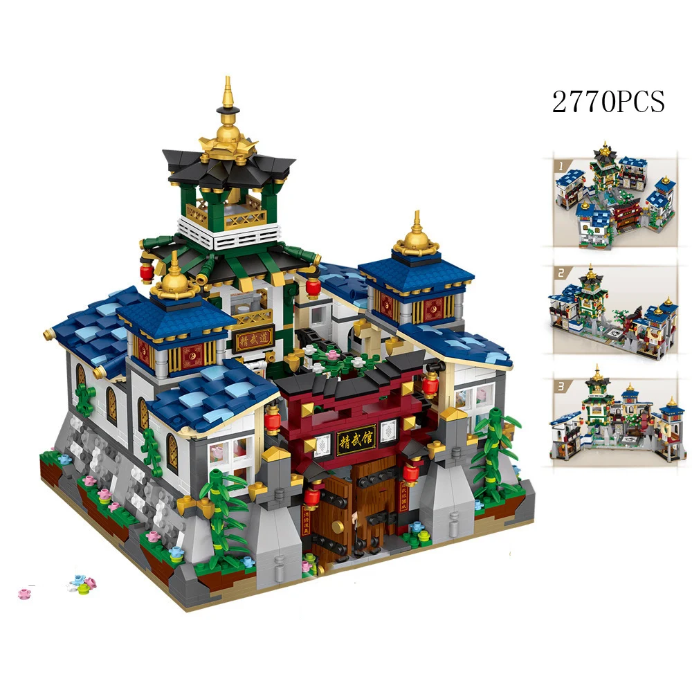 Creative Chinatown Martial Arts Centre Mini Block China City Street View Jingwu Hall Architecture Building Bricks Figures Toys