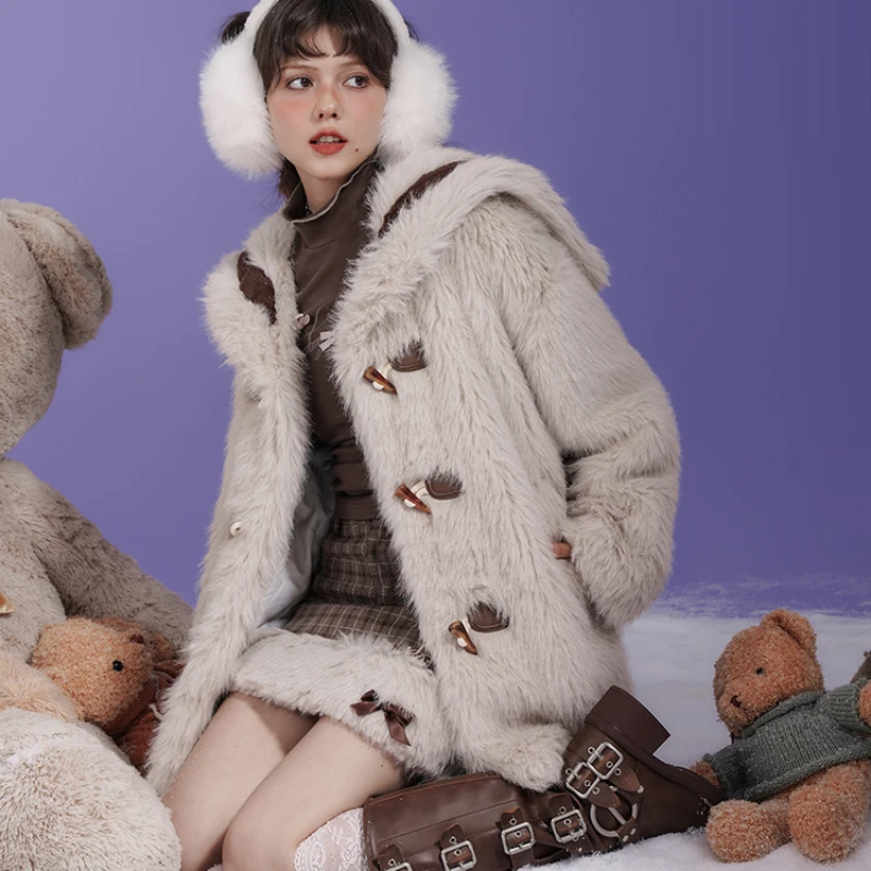 Christmas New Year Apricot Sailor Collar Environmental Fur Puffer Jacket Coat Long Sleeved Warm Jaqueta Feminina Women's Clothes
