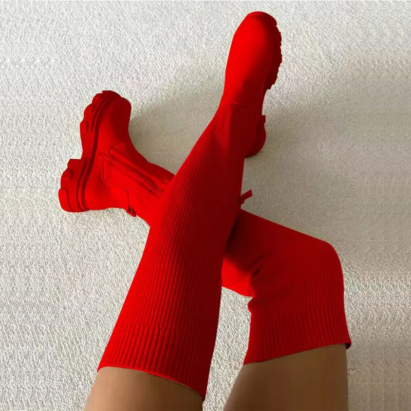 Women Over Knee Boots Thick Heel Slim Fit Winter Velvet Stretch Boots Ladies Autumn Winter Platform Botas Mujer Goth