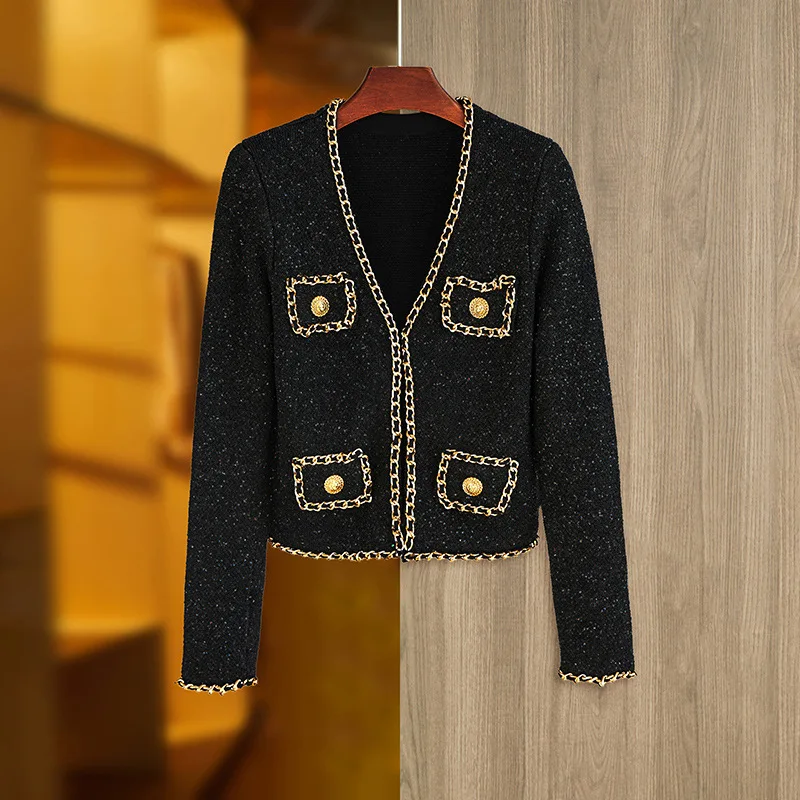 

Luxury Designer Autumn Winter Clothes Women 2023 Elegant Pockets Chain Knitted Sweater Mujer Black Cardigans Para Mujer