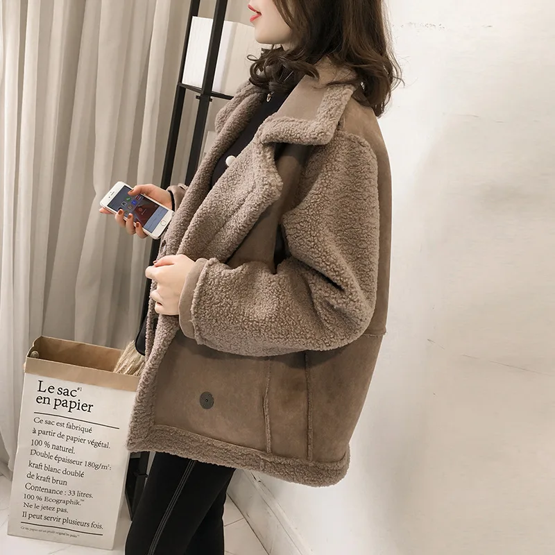 Lamb wool solid color jacket for women 2023 new Korean version loose BF style fur integrated plush motorcycle jacket top trend