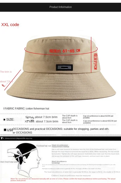 56-58cm /58-60cm /above 61cm Oversize Big Head Cotton Bucket Hat Fisherman  Fishing Plus Size Sun Cap Men Women Kids Boys Girls