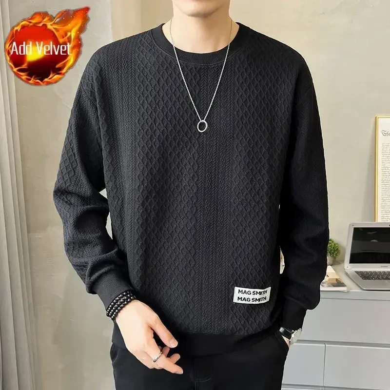 thumbnail image 1 of Sudadera para hombre, sencilla, negra, cuello redondo, ropa para hombre, jersey de cuello redondo, sin capucha, oferta de bienvenida, cálida, estilo coreano, 1 of 5