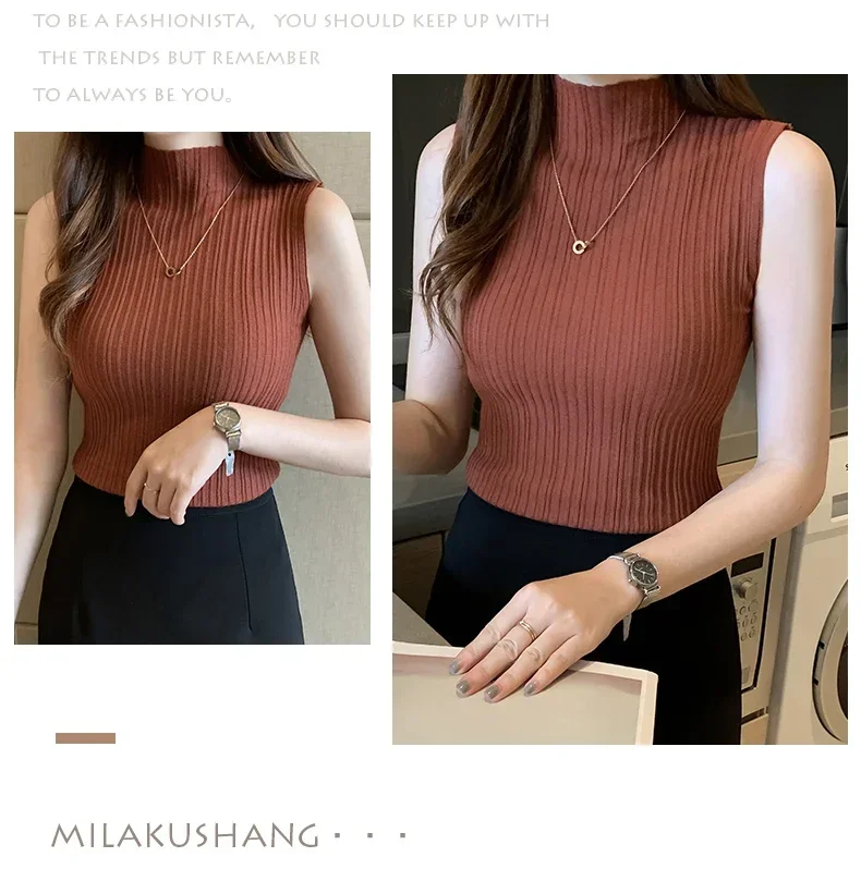 Blusa de punto sin mangas elegante de moda para mujer, blusa de verano de color sólido, blusa informal, camisa de cuello medio alto