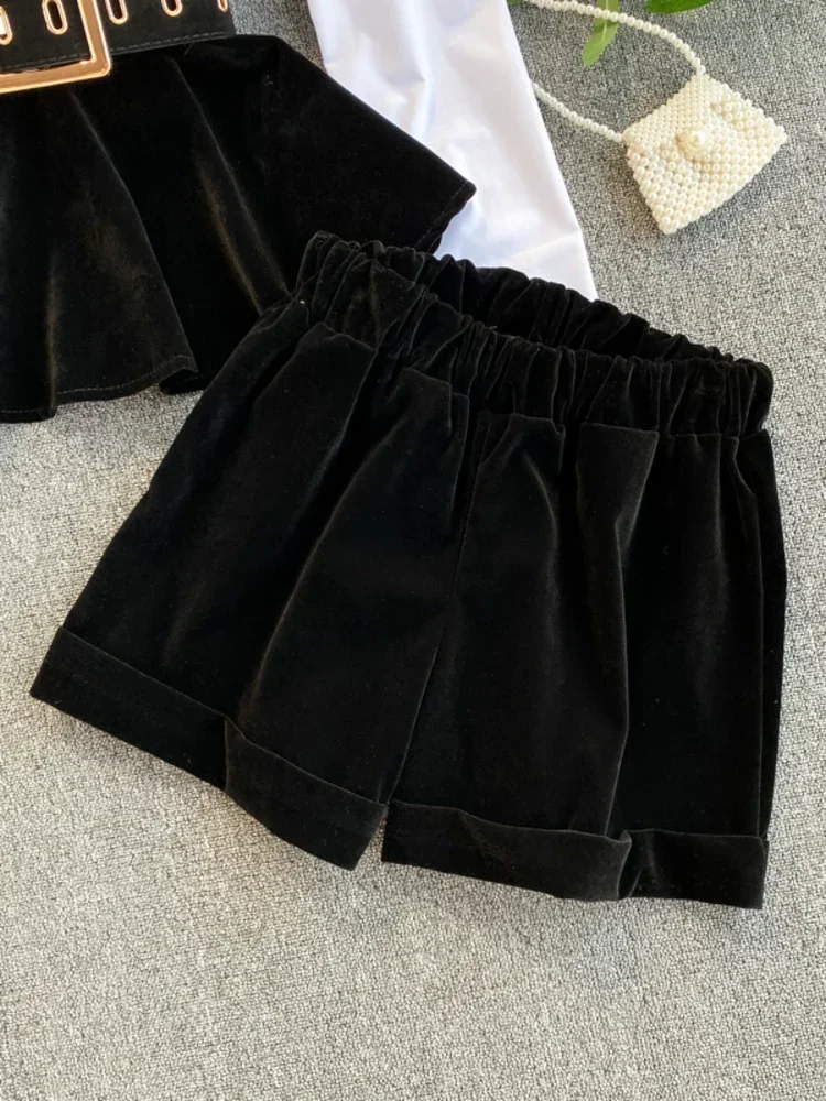 2024 New Spring Spring Long Sleeve Patchwork Velvet Size Small Tops with Belt High Waist Shorts Two Piece Set Women MH334