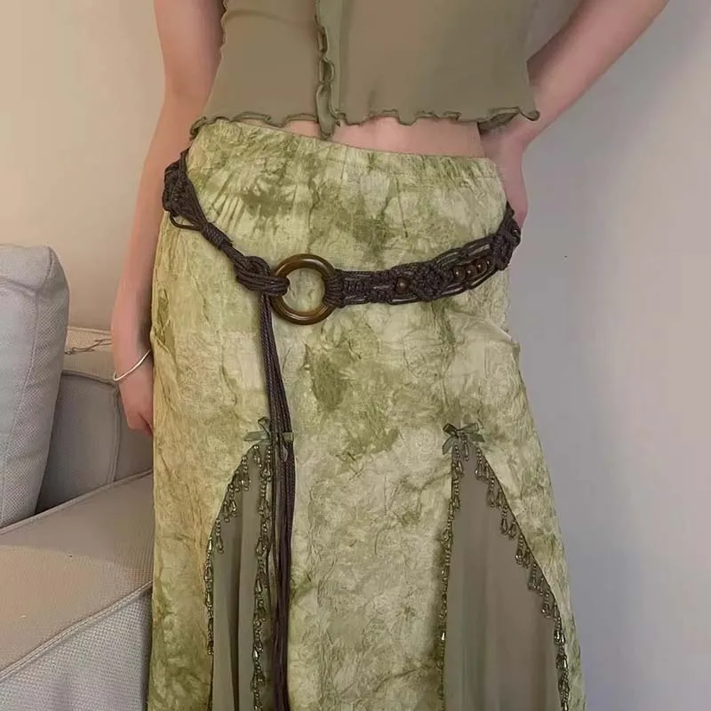 Vintage Handmade Woven Waist Chain Brown Beaded