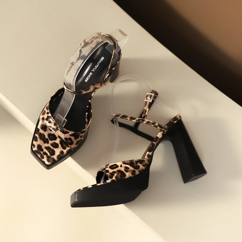 Aphixta Yellow Leopard 10CM High Heels Sandal Square Toe Sexy Sandals Woman Party Dress Shoes Big Size 42