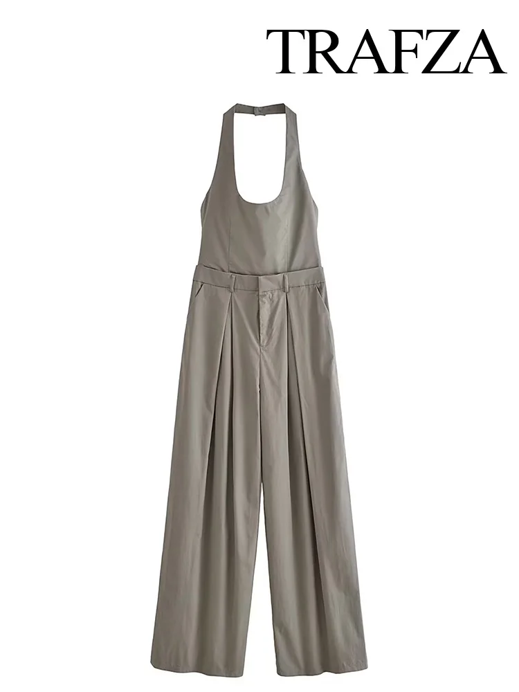 

TRAFZA 2023 Spring Autumn Woman Sleeveless Causal Playsuit Slim Tops Fashion Trench Fabric HangingNeck Long Jumpsuits Vintage