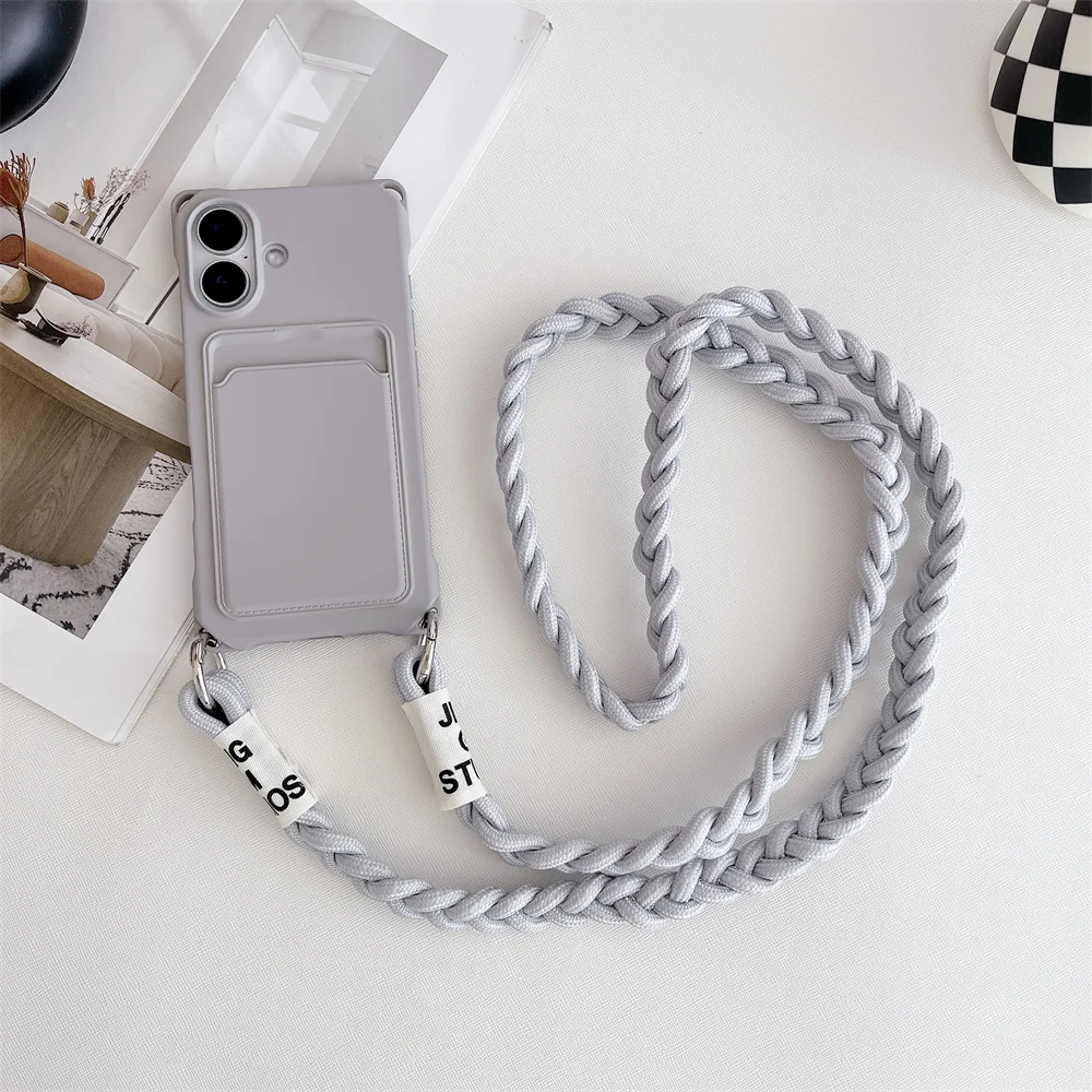 Braided Crossbody Strap Lanyard Phone Case with Wallet Card Holder and Silicone Cover
