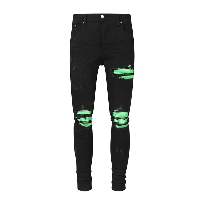 High Street-pantalones vaqueros rasgados para hombre, Jeans elásticos ajustados de cuero verde, diseño parcheado, marca Hip Hop, color negro