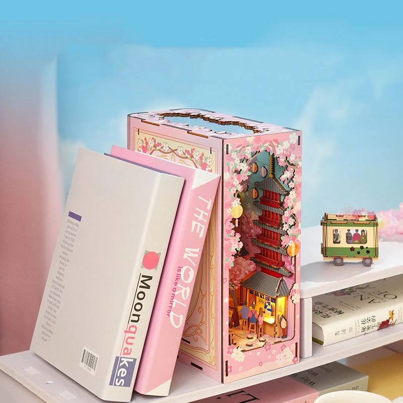 DIY 나무 책 구석 선반 삽입 키트, 미니어처 모델 키트, 벚꽃 책장, 3D 퍼즐 북엔드, 성인 생일 선물