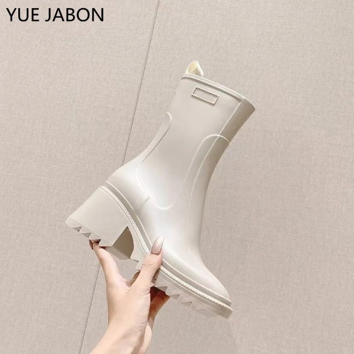 White Black Women Goth Platform Chunky High Heeled Boots Side Zipper Non Slip Ankle Boots Punk Motorcycle Short PVC Rain Boots