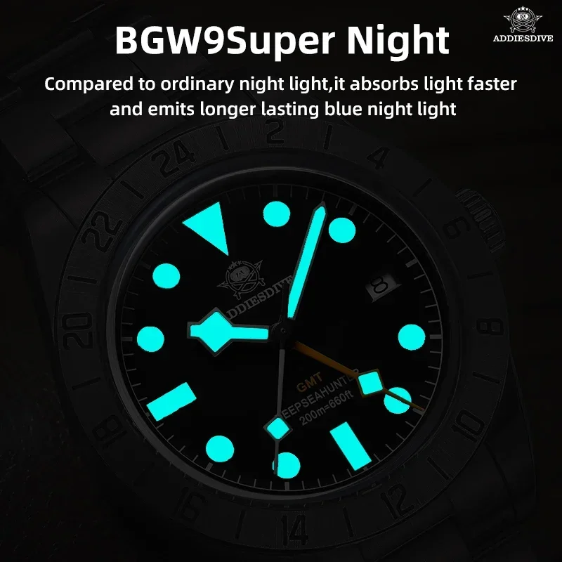 ADDIESDIVE 39mm GMT Men Watches StainlessSteel BGW9 Super Luminous Quartz Watch Bubble Mirror Glass 200m Wristwatch Reloj Hombre