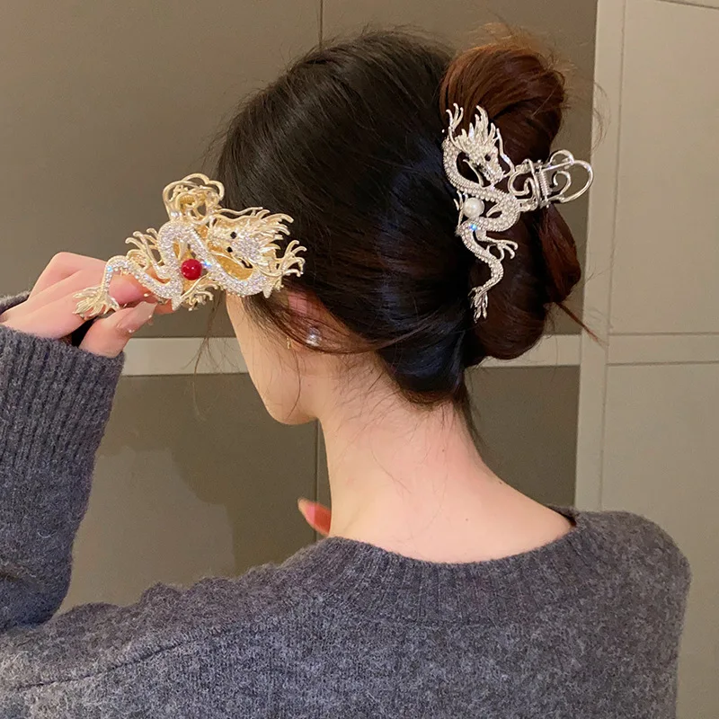 New Chinese Style Dragon Rhinestones Hair Claw Clips for Women Hairpin with Red Imitation Pearl Grab Clip Temperament Shark Clip