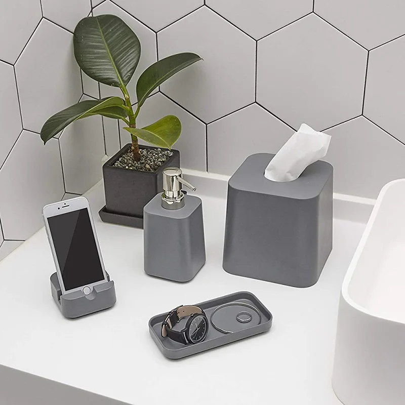 Umbra bathroom toiletries set, soap dispenser, storage tray, soap box, storage bucket, tissue box, rack.