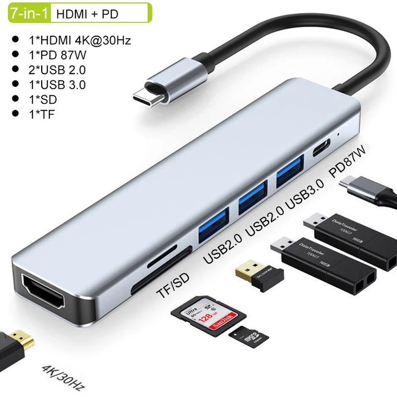 USB Hub 5 Ports USB C Hub to 4K HDMI-Compatible PD fast charge USB 3.0 2.0 for MacBook iPad Samsung