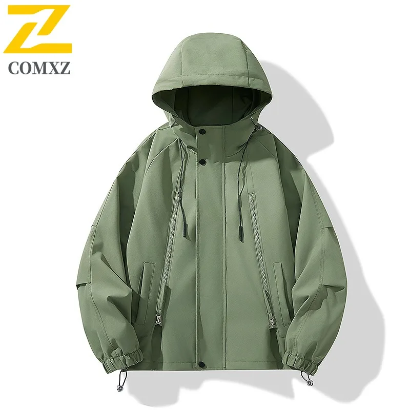 COMXZ Mens Jacket Durable Hiking Rock Climbing Windproof Motorcycle Coats 2025 Premium Hooded Travel Autumn New Outerwear