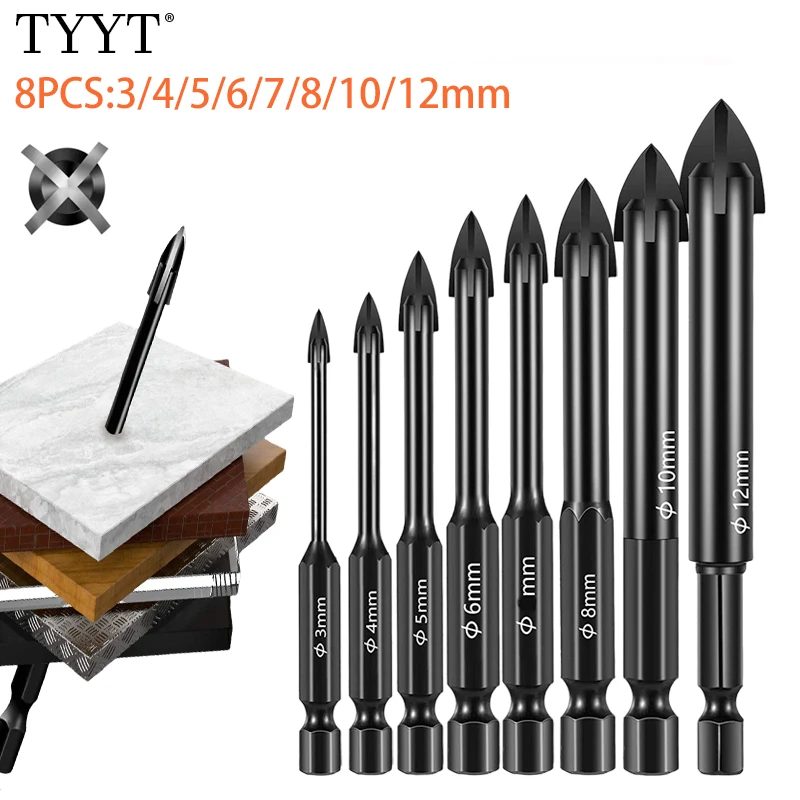 8PCS Tungsten Carbide Drill Bits Set For drilling in glass, tile, concrete, metal, etc 3-12mm Hex Shank Drill Bits Tools