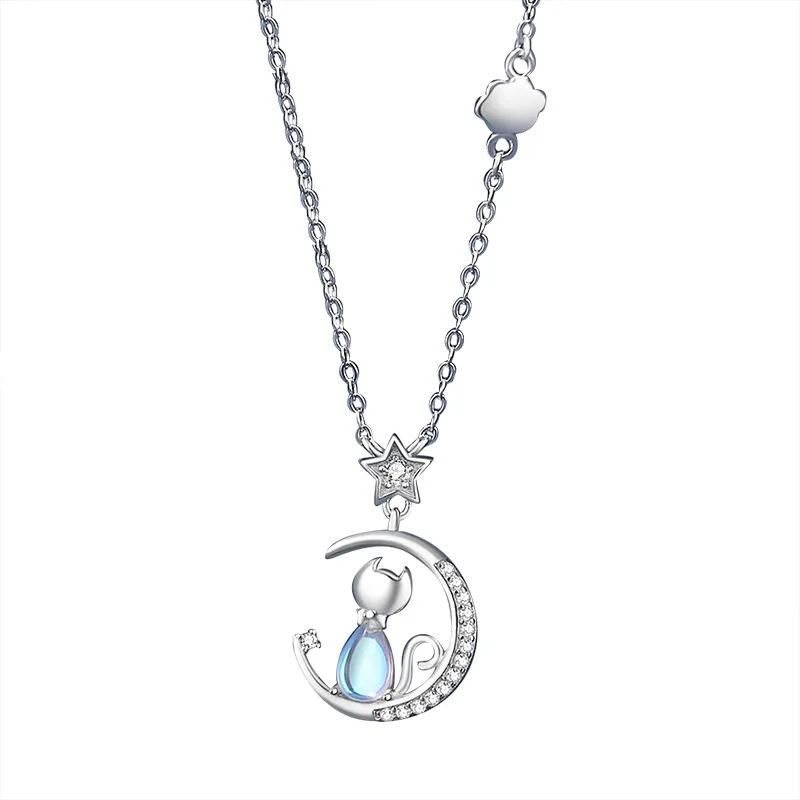 European Sparkling S925 Sterling silver Pave AAA CZ Cat Moon Pendant Necklace Clavicular Chain for Women Birthday Gift Jewelry
