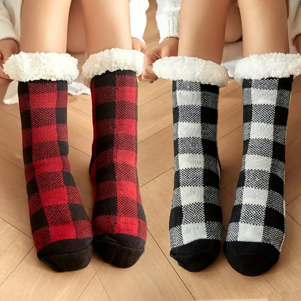 

Носки для пола, женские носки в клетку с флисовой подкладкой, утепленные теплые короткие носки, шерстяные носки, зимние бархатные сапоги, носки для сна