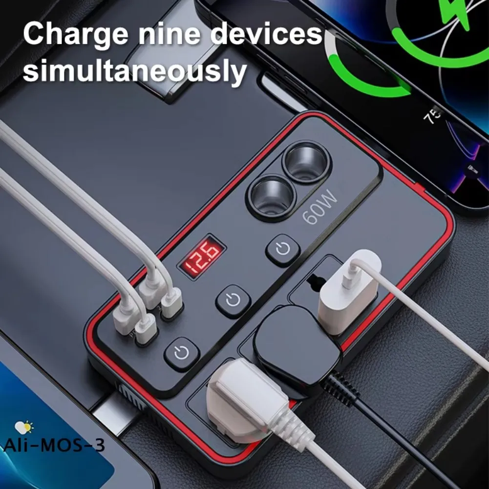 150W 차량용 인버터 12V 24V DC-220V AC 변환기 LED 전압 모니터 포함 3개 AC 포트, 2개 USB 포트, 2개 USB C 포트 (차량 내 사용)