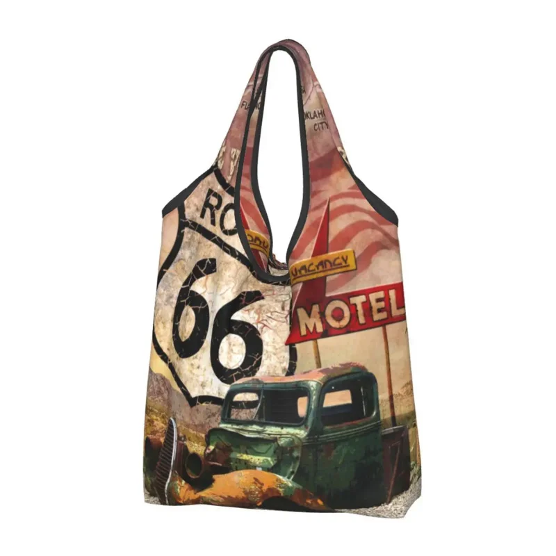 

Main Street Of America Groceries Tote Shopping Custom Get Your Kicks On Route 66 Shoulder Shopper Bag Large Capacity Handbag