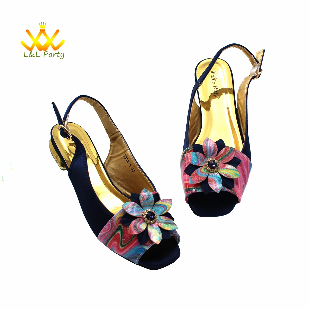 Dark Blue Wimen Sandal Decorate with Flower Shoes Matching Bag Set For Mature Ladies Royal Wedding Party
