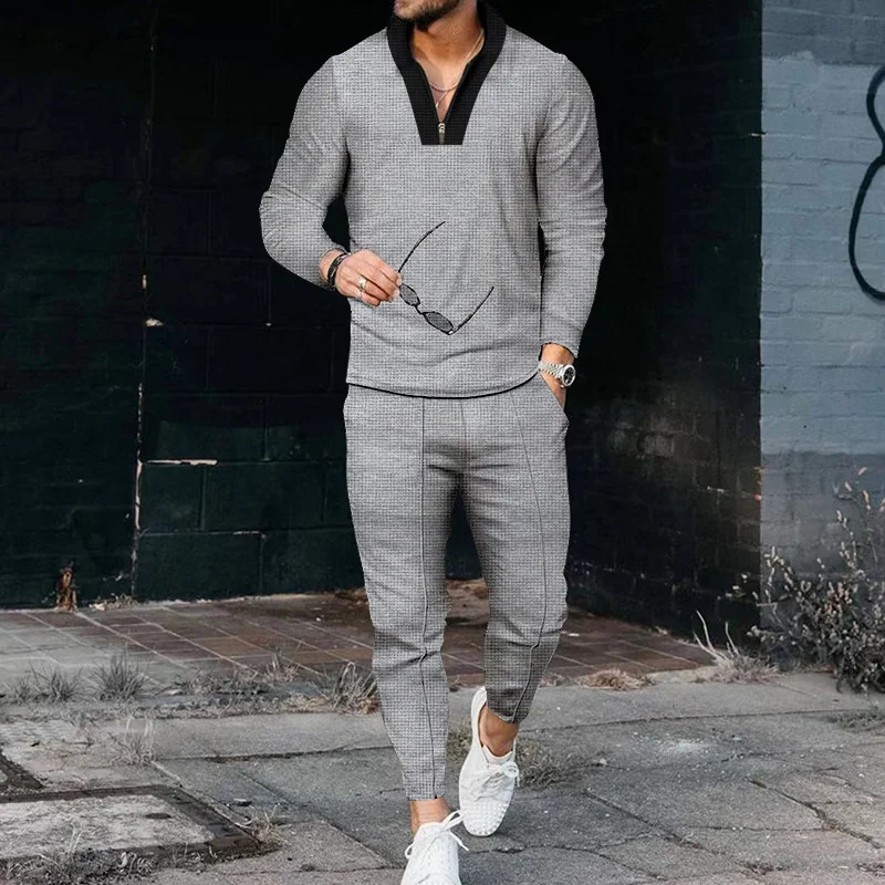 Waffle Fabric Two-piece Suits Men's Zipper V Neck Long Sleeve Tops Slim Fit Lace-up Pencil Pants Fashion Sports Casual Male Sets