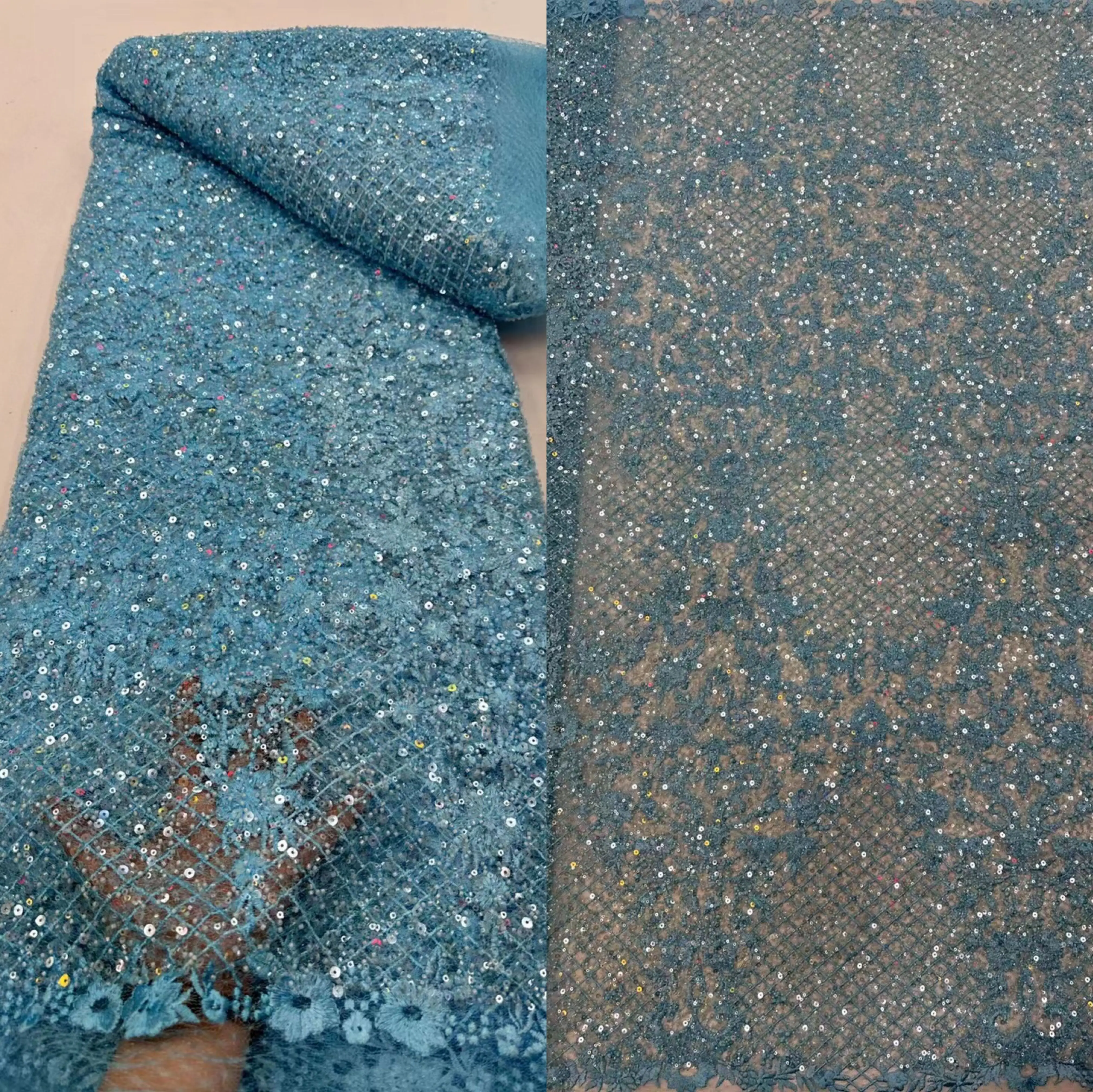 

Quality Embroidery L-1302955 Sequin and beads Tulle Lace Fabric for Wedding Party Dress