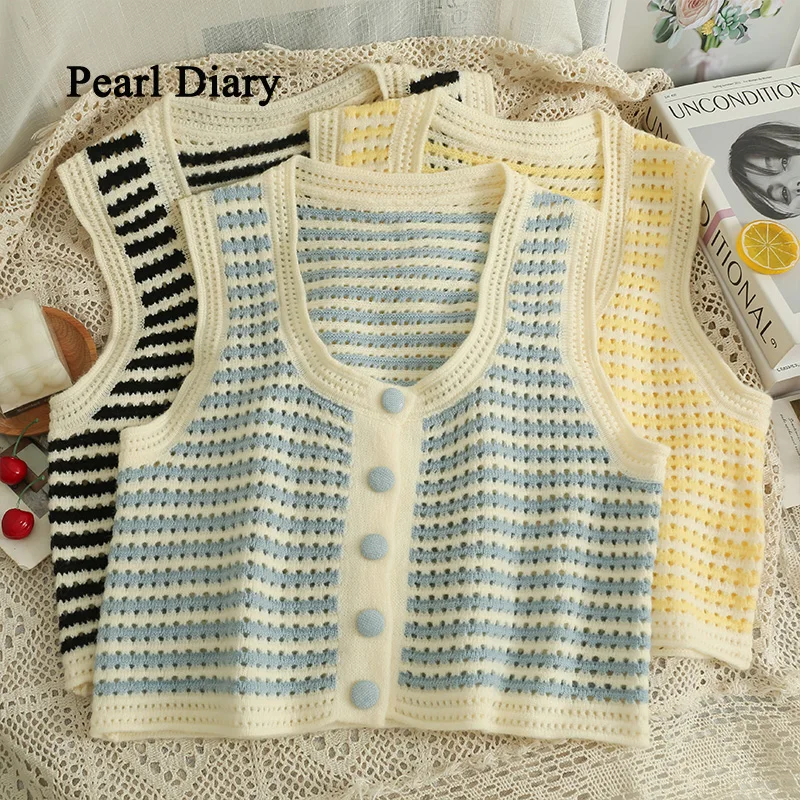 Pearl Diary Autumn Fashion Hollow Out Single-Breasted Waistcoat Sweet Striped Bottom Collar Tops Women Slim Thin Knitting Cardig iffvgx a5 american style fashion butterfly notebook journal coil notebook sketchbook diary drawing office school stationery