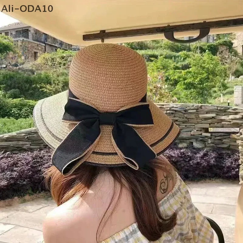 (ODA10)Summer Beach Bow Straw Hat For Women Large Brim Sun Protection Hat Fashion Vacation Sunshade Visors