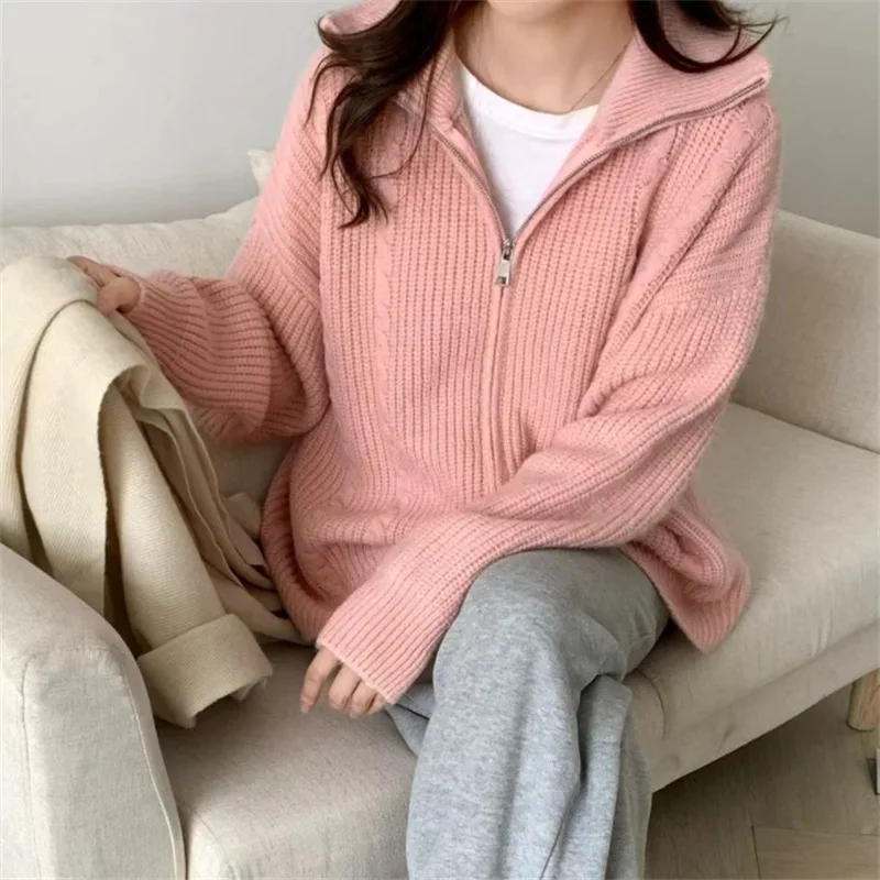 

Solid Twist Cardigan Women Jackets Sueter Mujer Stand Neck Zipper Pull Femme Preppy Style Casual Fashion Korean Knitted Sweater