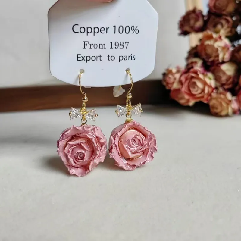 Elegant Immortal Rose Long Earrings Epoxy Resin Real Rose Flower 29