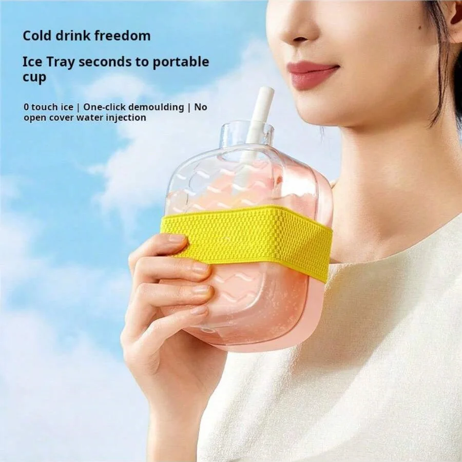 2-in-1 Water Bottle with Built-In Ice Tray & Straw, Leak-Proof Portable Sports Bottle Portable Ice Maker Bottle