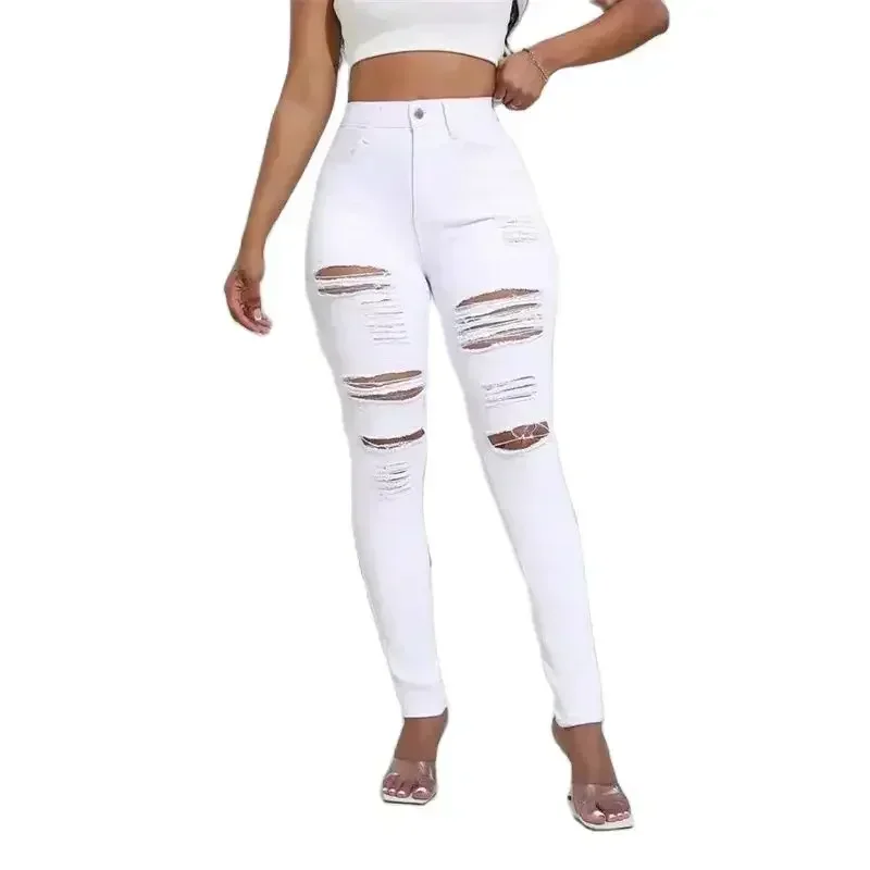 2024 Fashion Broken Holes Women Pencil Jeans Trend Streetwear Slim Fit Denim Pants Casual Solid Color High Waist Female Trousers 1