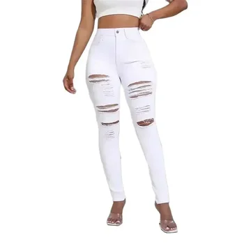 2024 Fashion Broken Holes Women Pencil Jeans Trend Streetwear Slim Fit Denim Pants Casual Solid Color High Waist Female Trousers 1