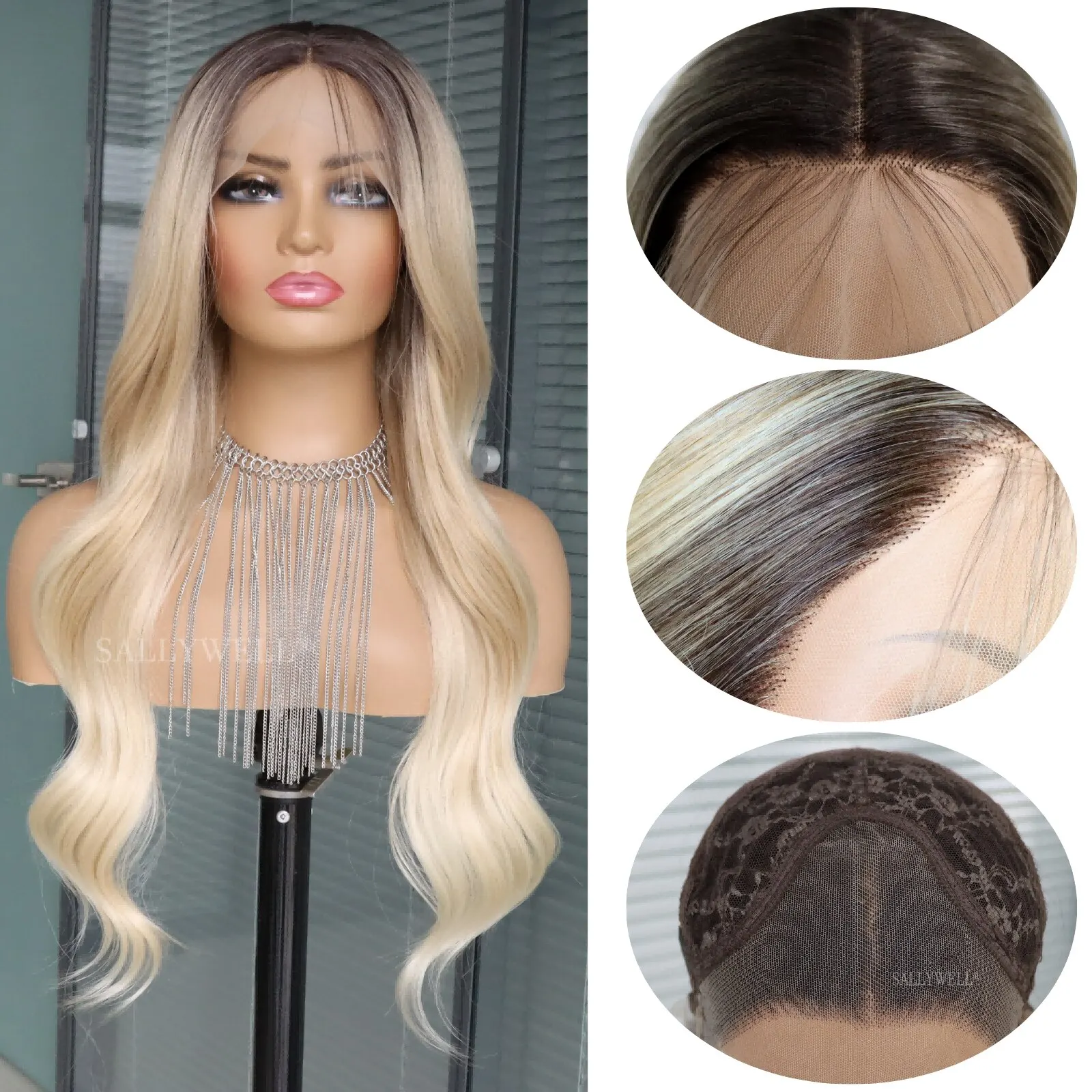 Ombre Blonde Synthetic Lace Front Wig for Women Long Wavy Black to Light Brown Body Wave Wigs Pre Plucked Heat Resistant