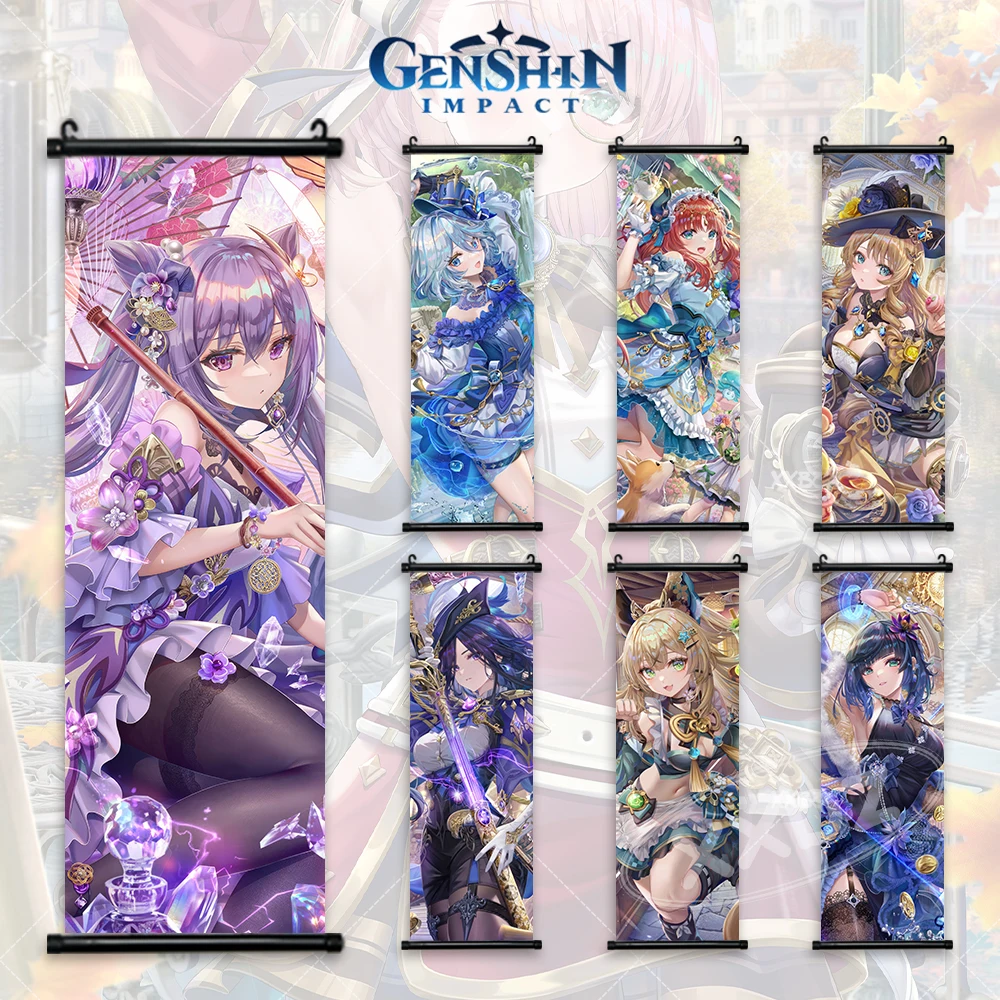 Плакат с джинсовыми фигурками каэдехара казуха, домашний декор, кавайное художественное оформление на стену, Барбара, подвесная картина, Genshin Impact, картины прокрутки