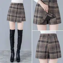 Shorts Women Plaid Fashion Winter Vintage Cargo Shorts Women Winter Thick Wool Basic Trouser Loose Shorts Feminino V17