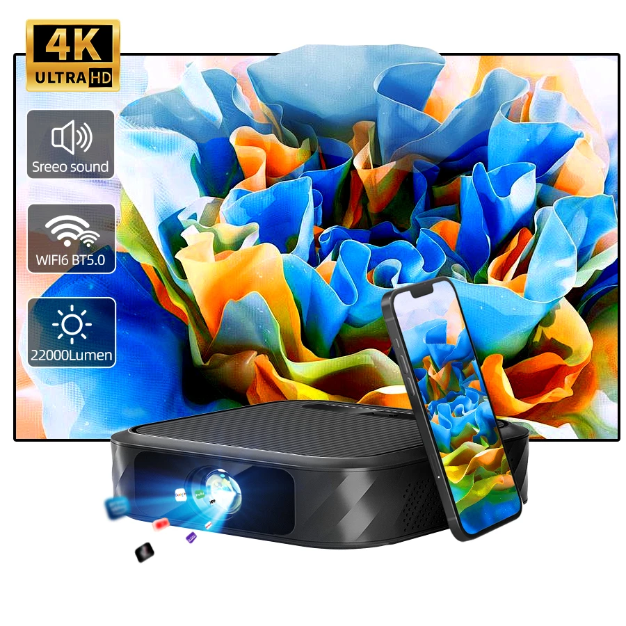 4K Smart Projector 1920*1080P Full HD 5G Wifi Control Home Cinema Theater Supports HDMI And Wifi Connection Built in Android Sys